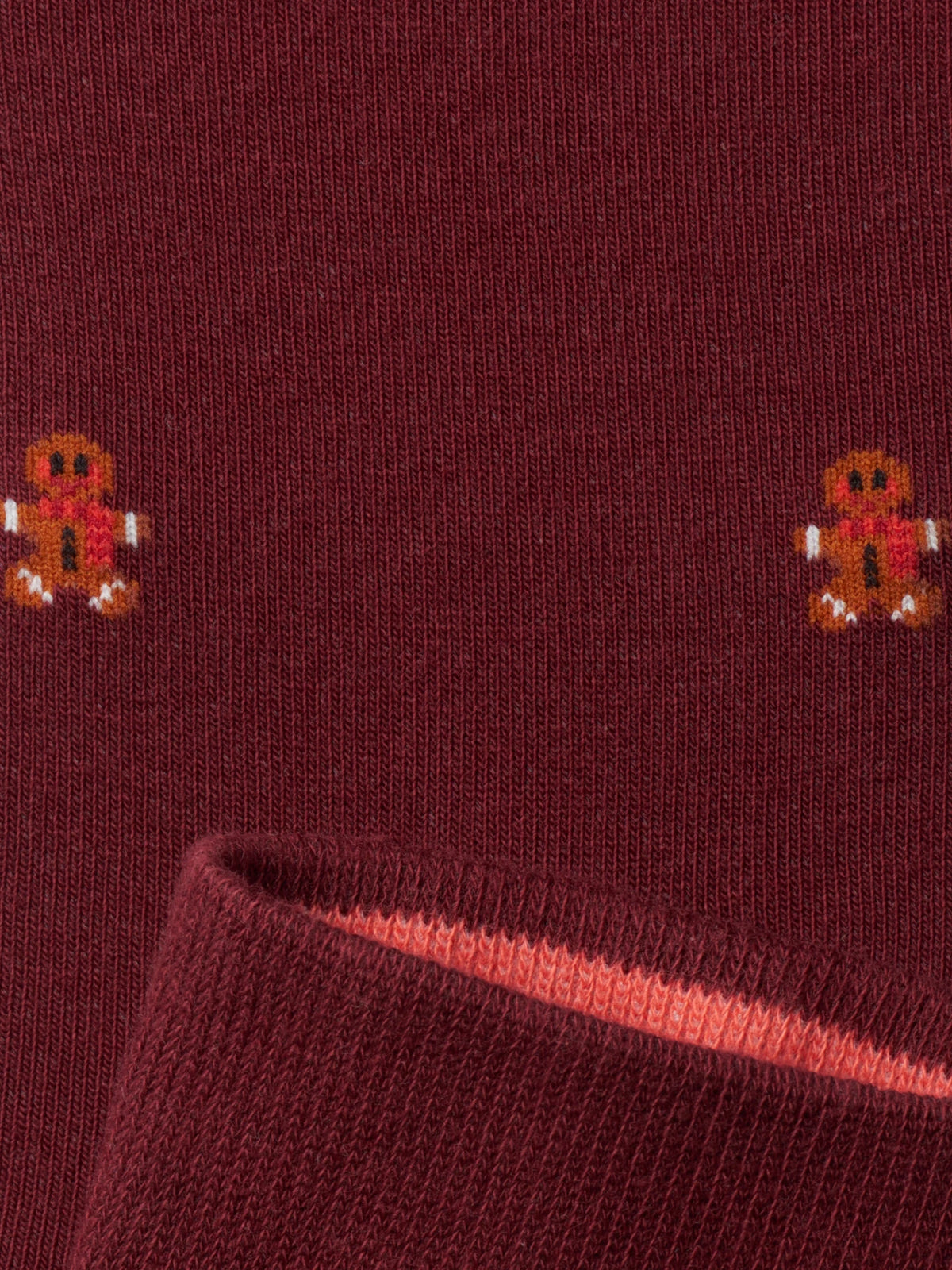 Weihnachtssocken Lebkuchenmann in Wine Red – Detail mit Innenbund