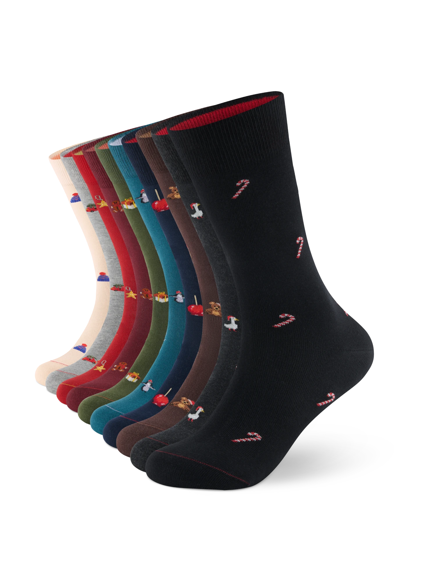 Weihnachtssocken 10er-Set mit allen zehn Motiven – Packshot