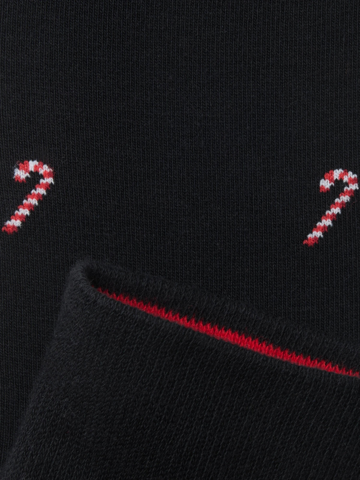 Weihnachtssocken Zuckerstange in Midnight Black – Detail mit Innenbund